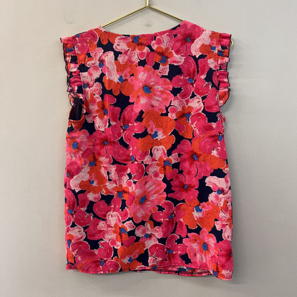 Q2 Navy/ Pink Flower Print Short Ruffle Sleeve Button Down Top Medium