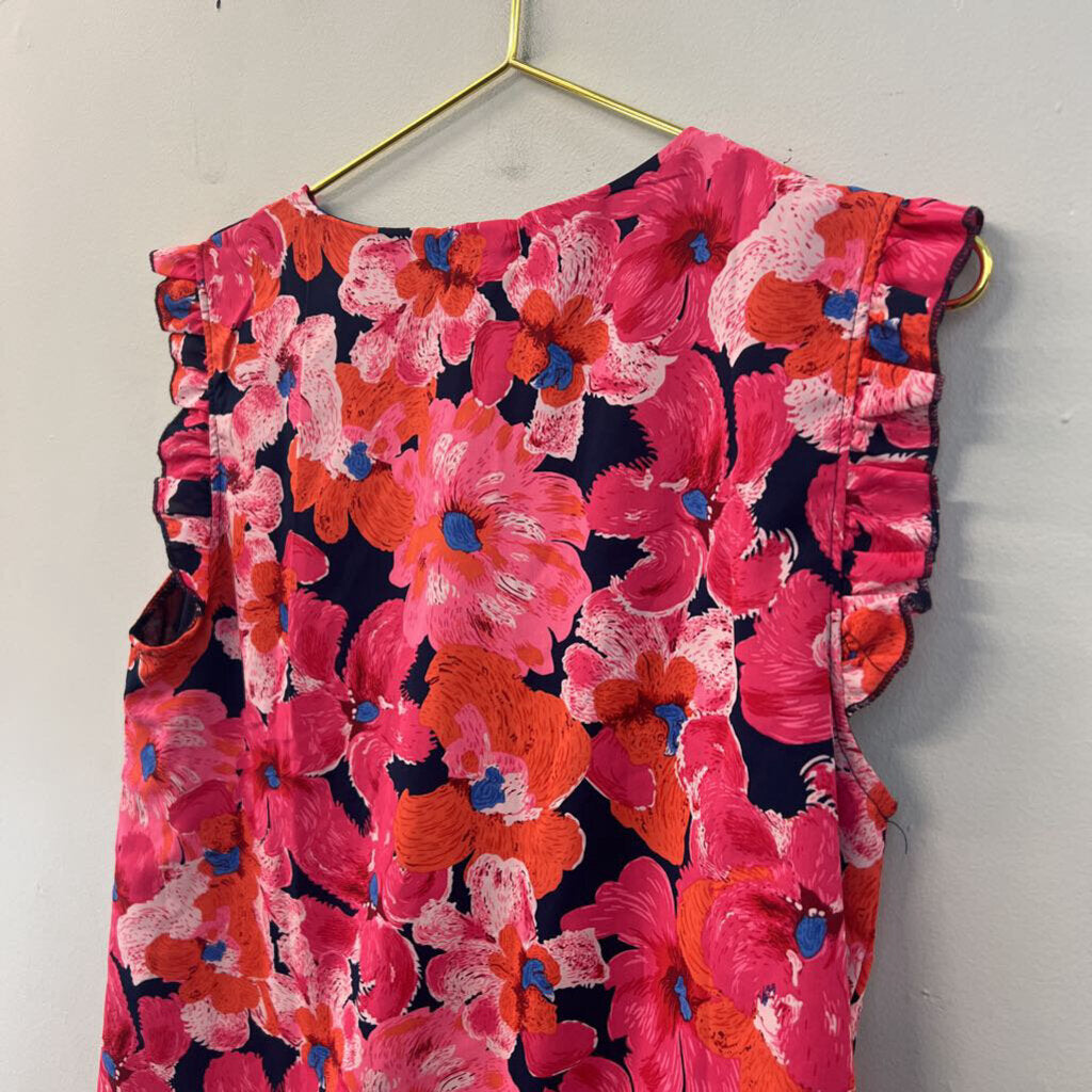 Q2 Navy/ Pink Flower Print Short Ruffle Sleeve Button Down Top Medium