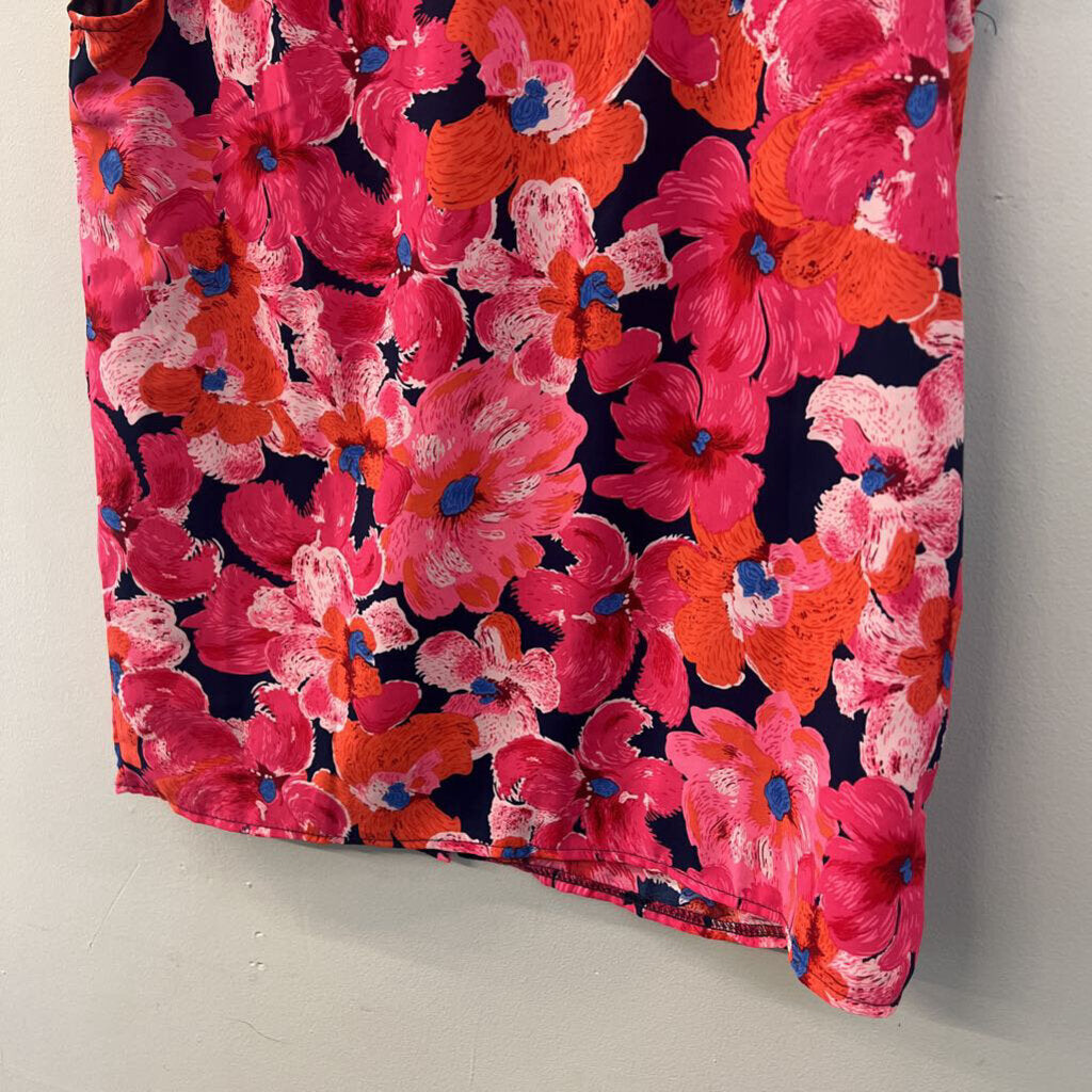 Q2 Navy/ Pink Flower Print Short Ruffle Sleeve Button Down Top Medium