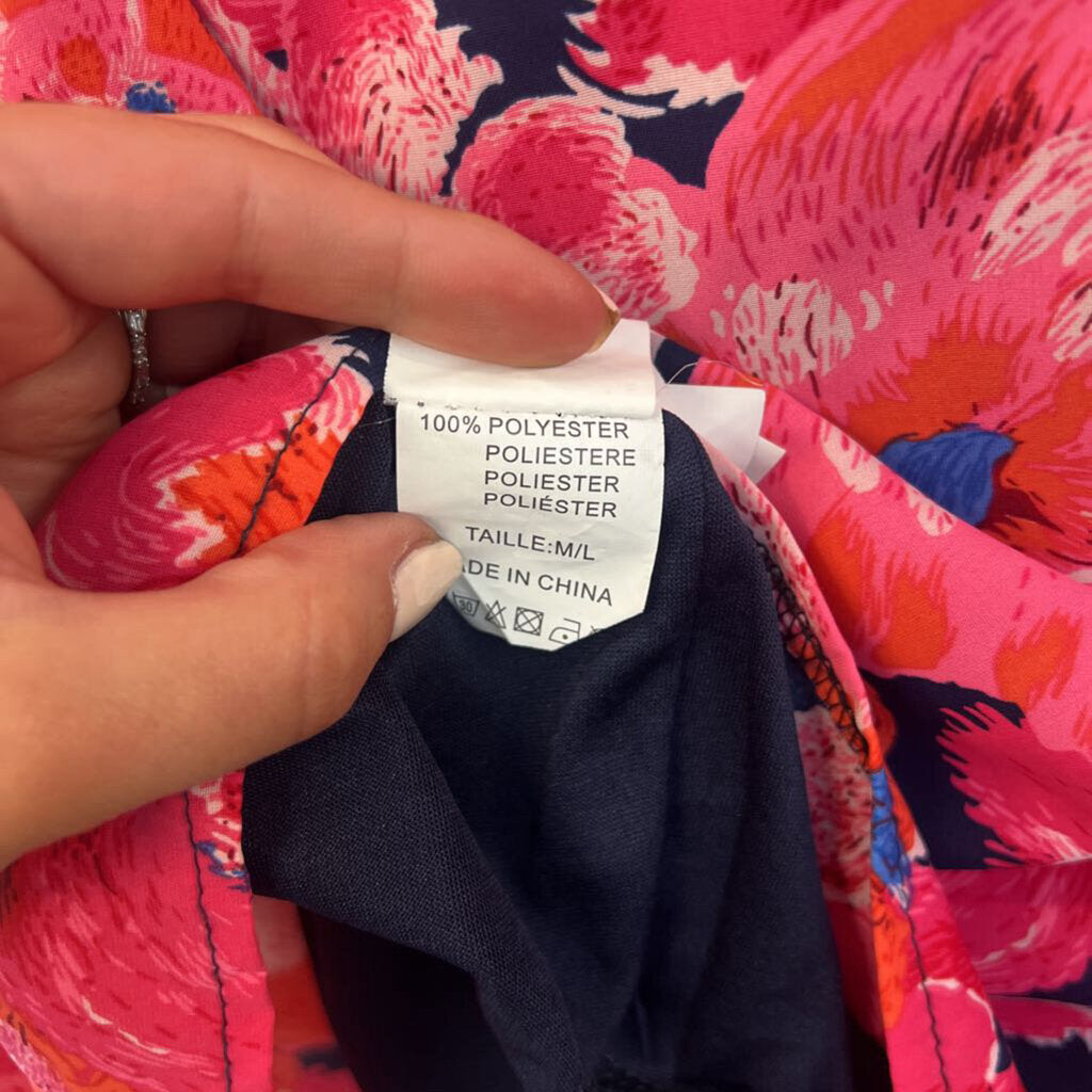 Q2 Navy/ Pink Flower Print Short Ruffle Sleeve Button Down Top Medium