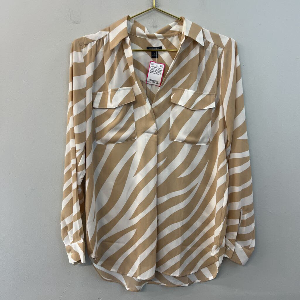 Ann Taylor Brown/ White Print Long Sleeve Top Small