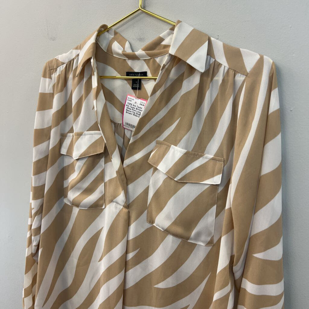 Ann Taylor Brown/ White Print Long Sleeve Top Small