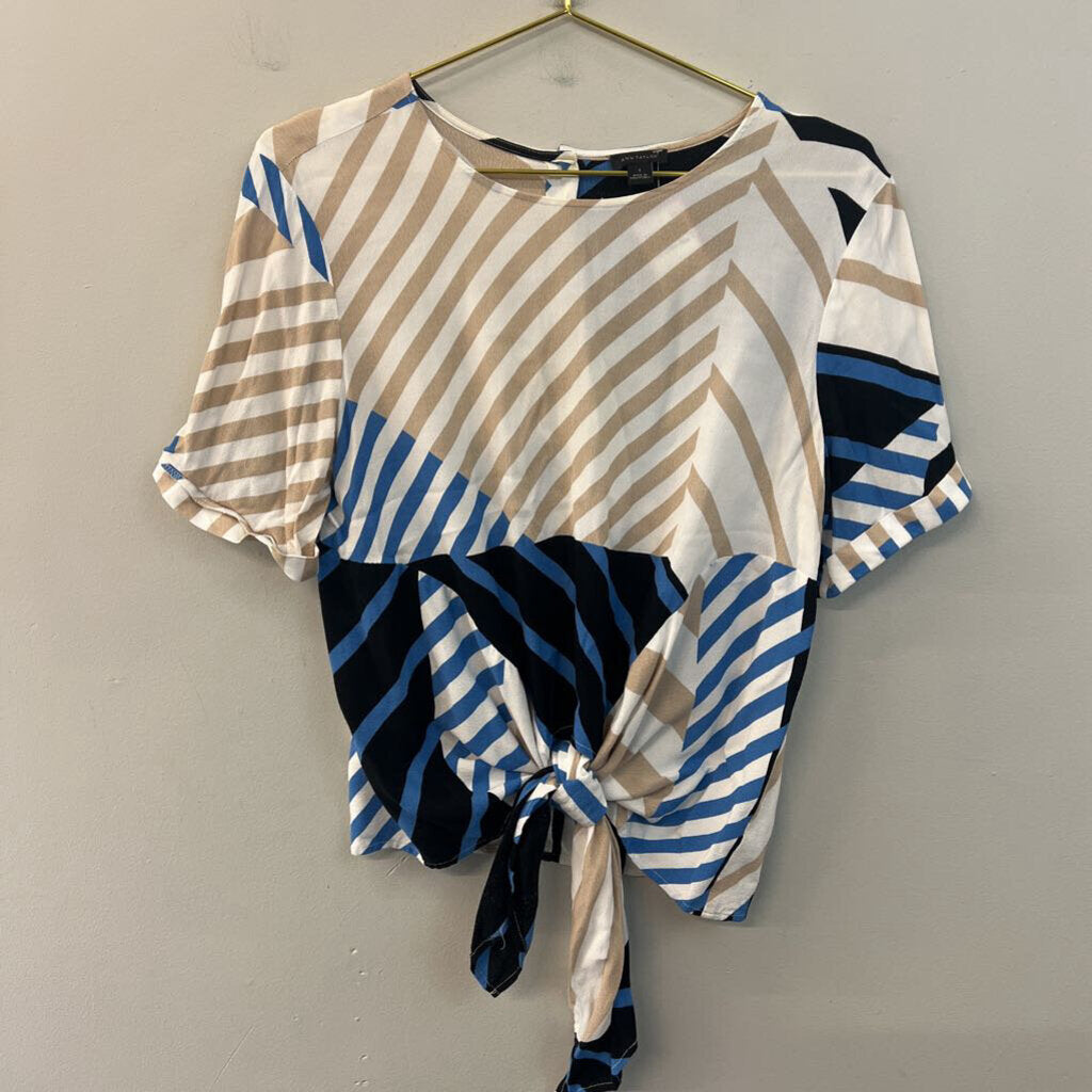 Ann Taylor White/ Multi Print Short Sleeve Tie Front Top Small