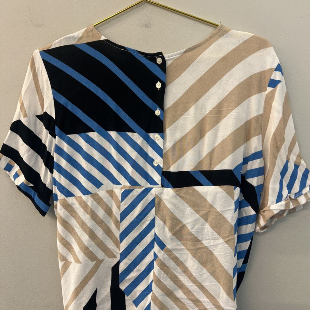 Ann Taylor White/ Multi Print Short Sleeve Tie Front Top Small