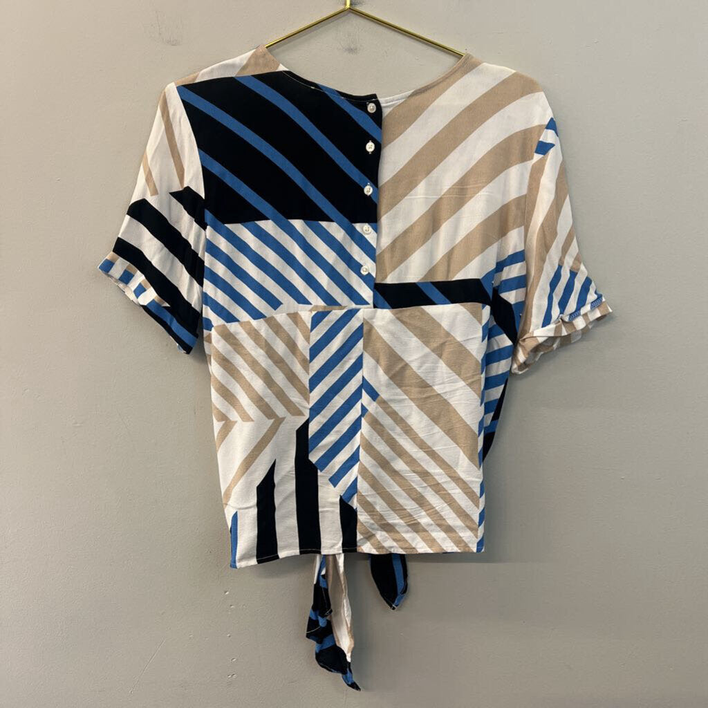 Ann Taylor White/ Multi Print Short Sleeve Tie Front Top Small