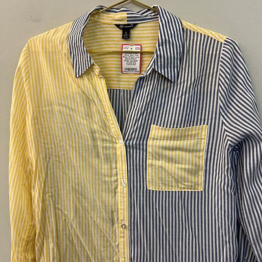 Versona White/ Yellow/ Blue Color Block Striped Long Sleeve Button Down Top Small