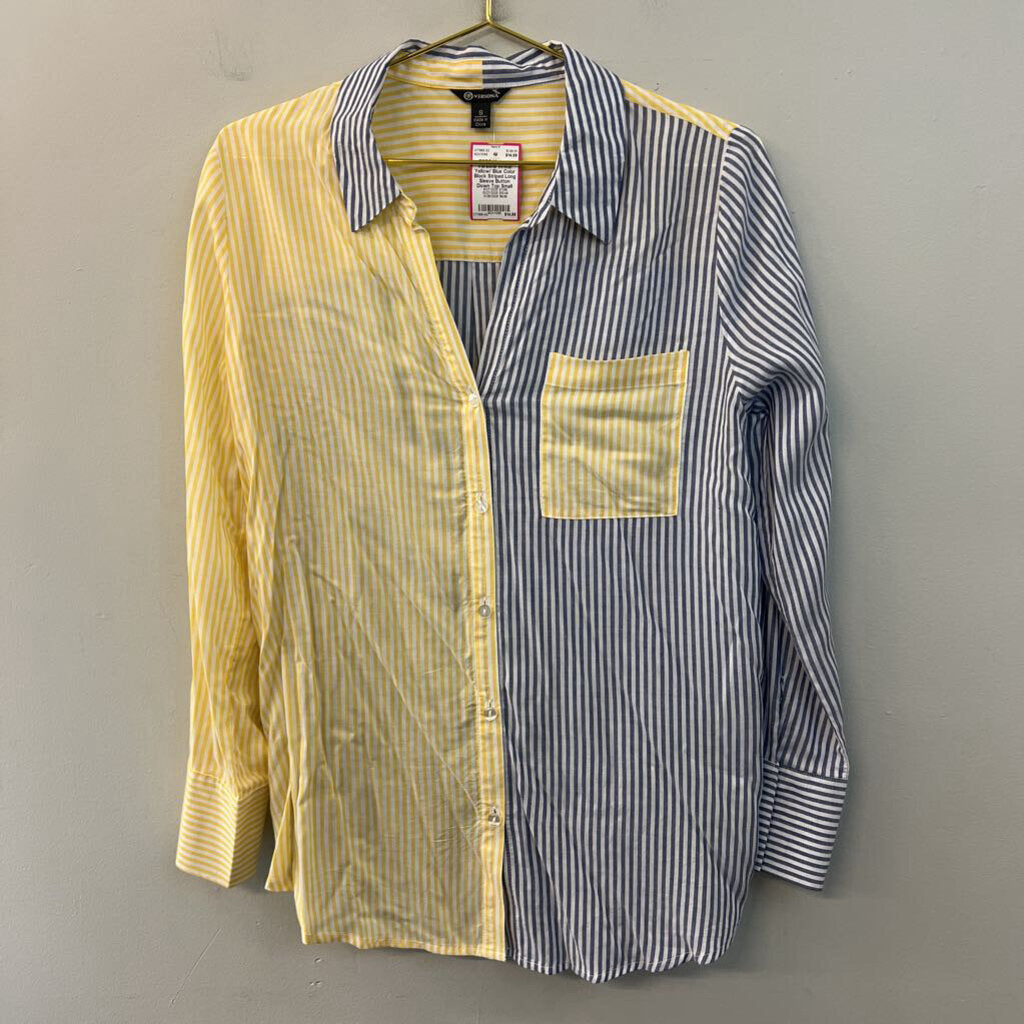 Versona White/ Yellow/ Blue Color Block Striped Long Sleeve Button Down Top Small
