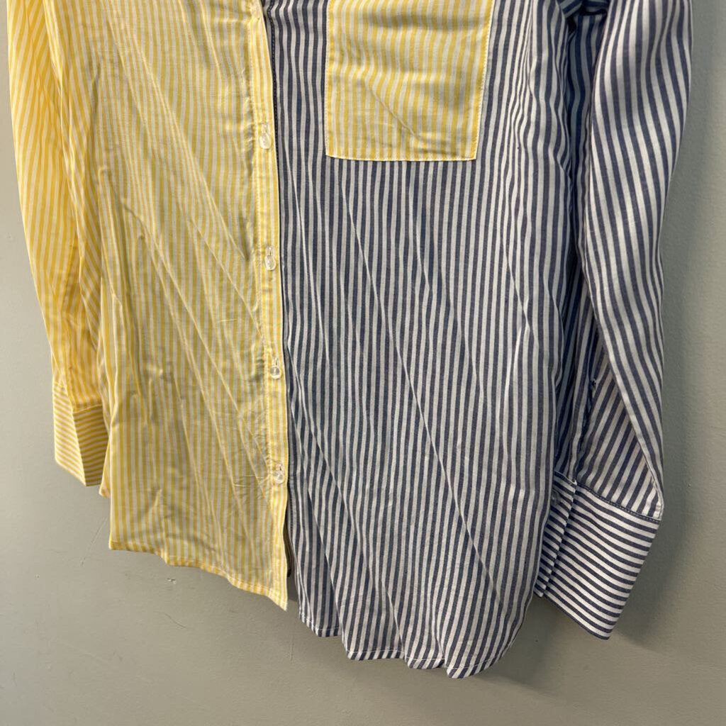 Versona White/ Yellow/ Blue Color Block Striped Long Sleeve Button Down Top Small
