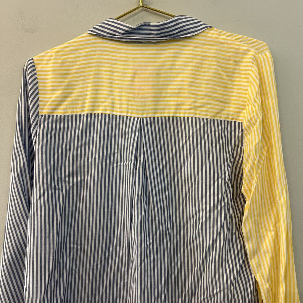 Versona White/ Yellow/ Blue Color Block Striped Long Sleeve Button Down Top Small