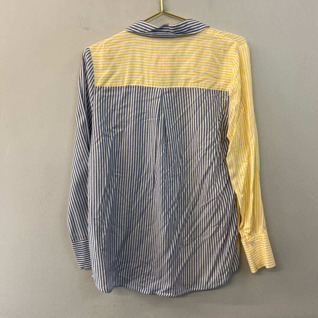 Versona White/ Yellow/ Blue Color Block Striped Long Sleeve Button Down Top Small