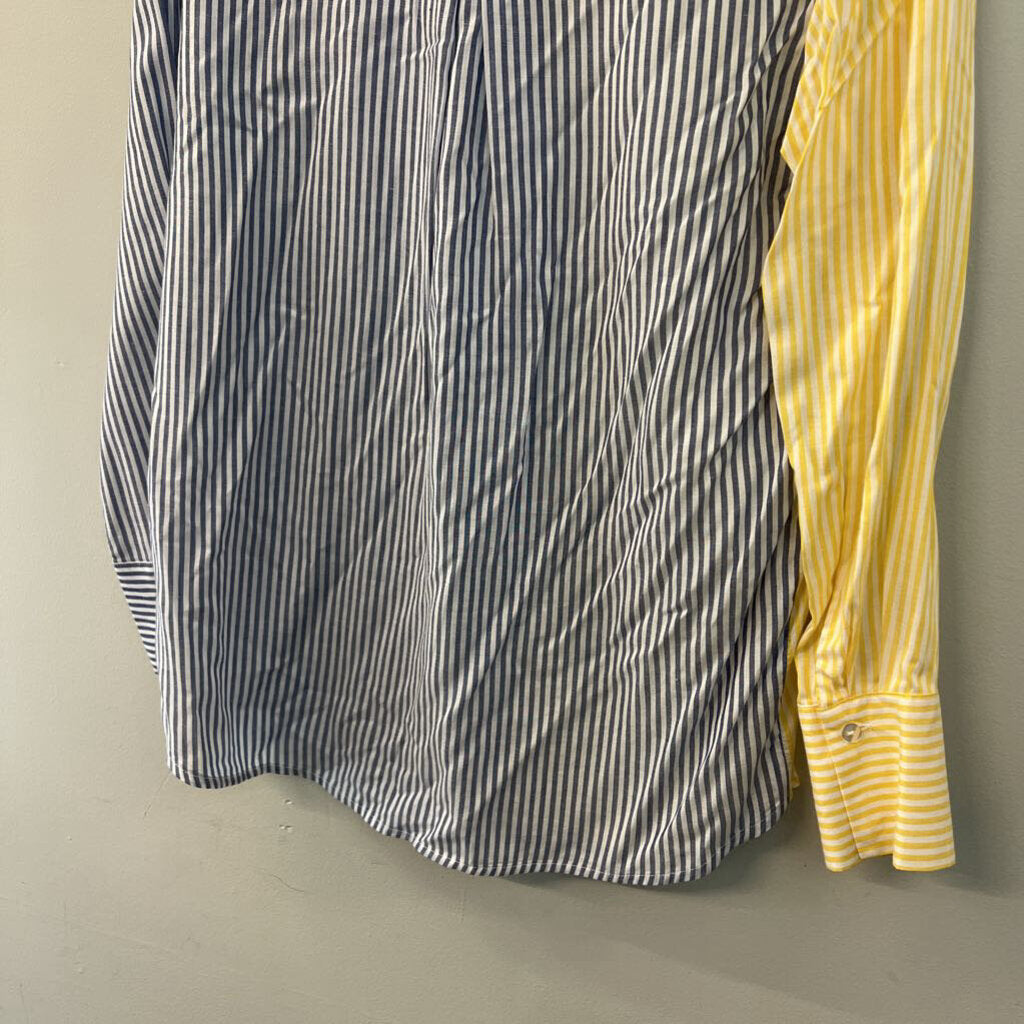 Versona White/ Yellow/ Blue Color Block Striped Long Sleeve Button Down Top Small