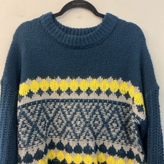 Easel Blue/ Yellow/ Grey Print Knit Long Sleeve Sweater Top Small