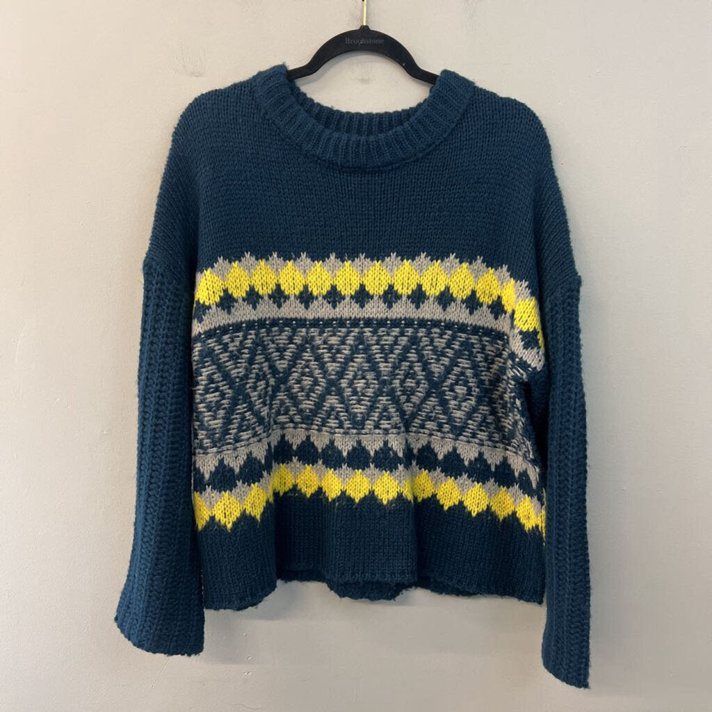 Easel Blue/ Yellow/ Grey Print Knit Long Sleeve Sweater Top Small