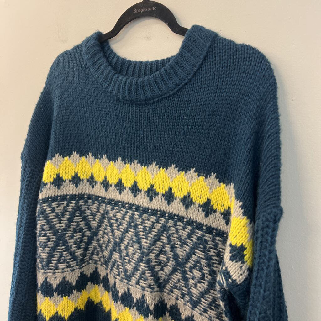 Easel Blue/ Yellow/ Grey Print Knit Long Sleeve Sweater Top Small