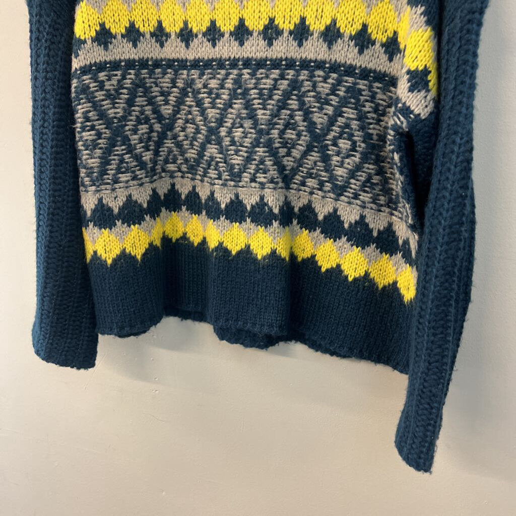 Easel Blue/ Yellow/ Grey Print Knit Long Sleeve Sweater Top Small