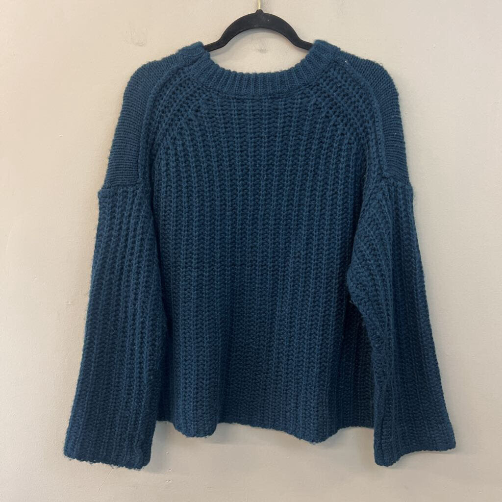 Easel Blue/ Yellow/ Grey Print Knit Long Sleeve Sweater Top Small