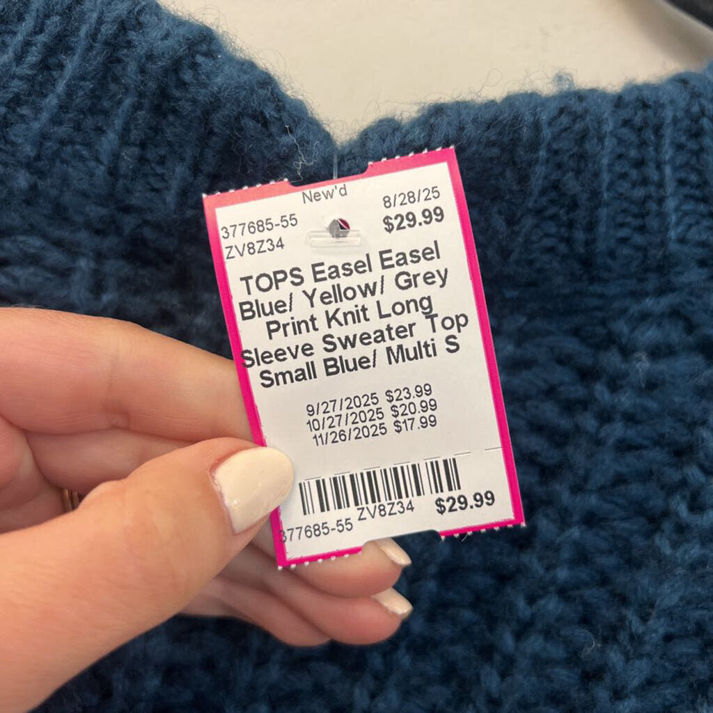 Easel Blue/ Yellow/ Grey Print Knit Long Sleeve Sweater Top Small