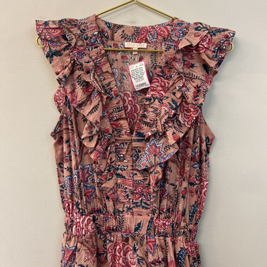 Anna Cate Blush/ Blue Print Ruffle Short Sleeve Maxi Dress Small