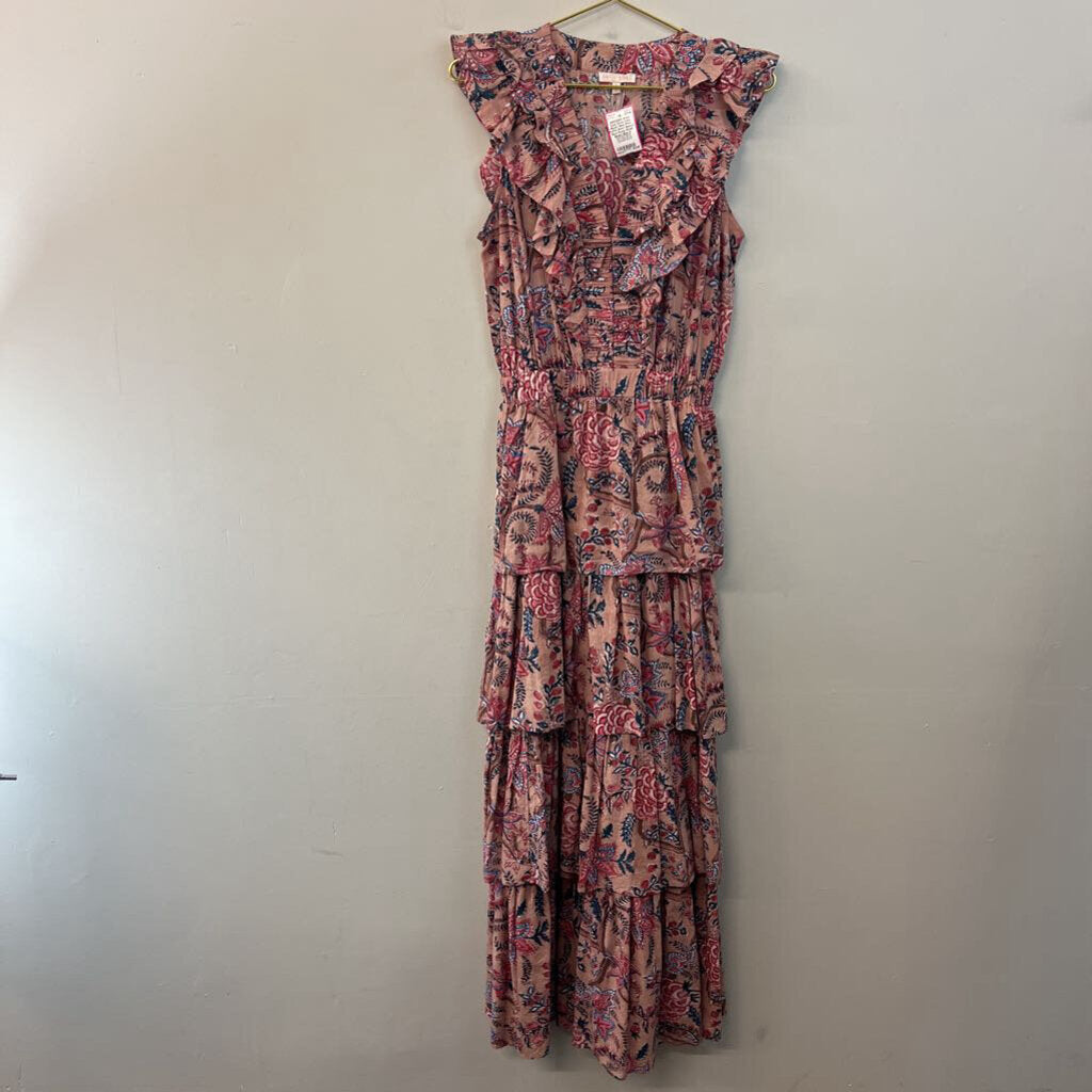 Anna Cate Blush/ Blue Print Ruffle Short Sleeve Maxi Dress Small