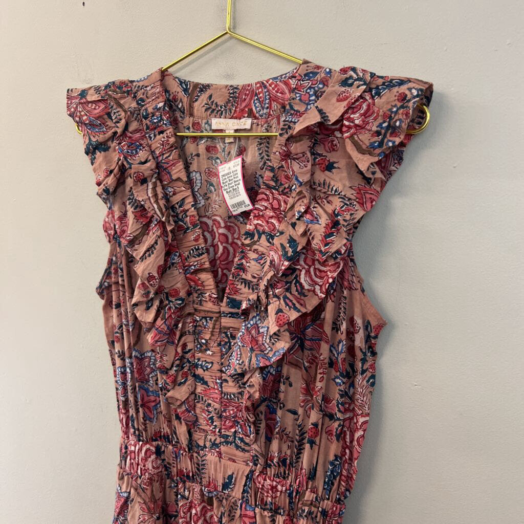 Anna Cate Blush/ Blue Print Ruffle Short Sleeve Maxi Dress Small