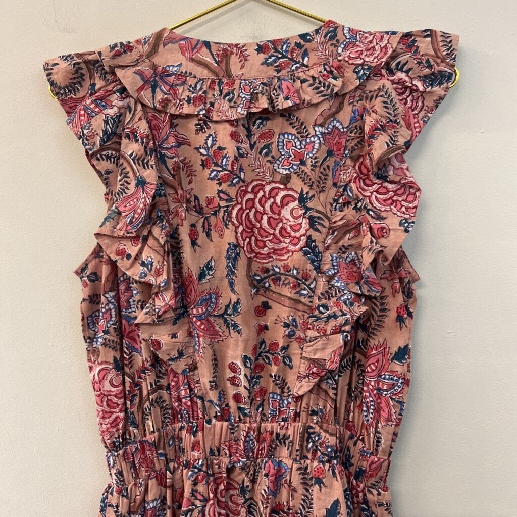 Anna Cate Blush/ Blue Print Ruffle Short Sleeve Maxi Dress Small