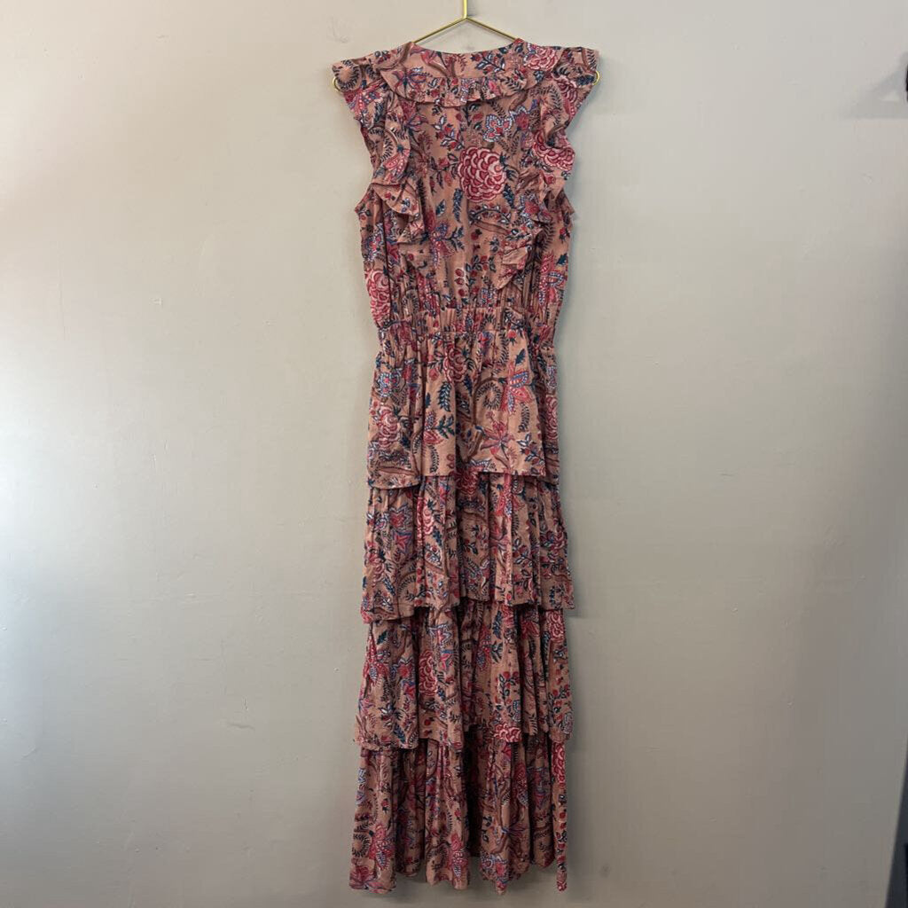 Anna Cate Blush/ Blue Print Ruffle Short Sleeve Maxi Dress Small