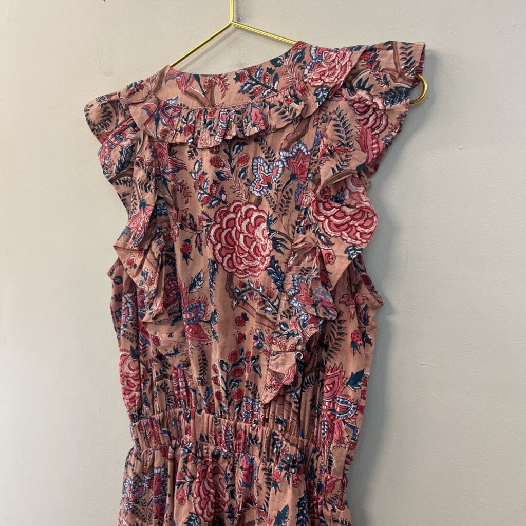 Anna Cate Blush/ Blue Print Ruffle Short Sleeve Maxi Dress Small