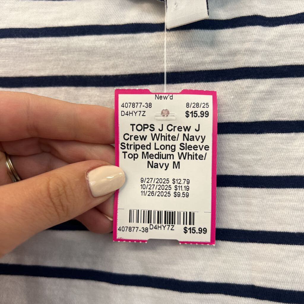 J Crew White/ Navy Striped Long Sleeve Top Medium