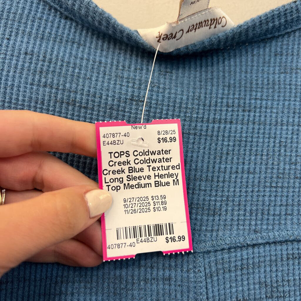 Coldwater Creek Blue Textured Long Sleeve Henley Top Medium