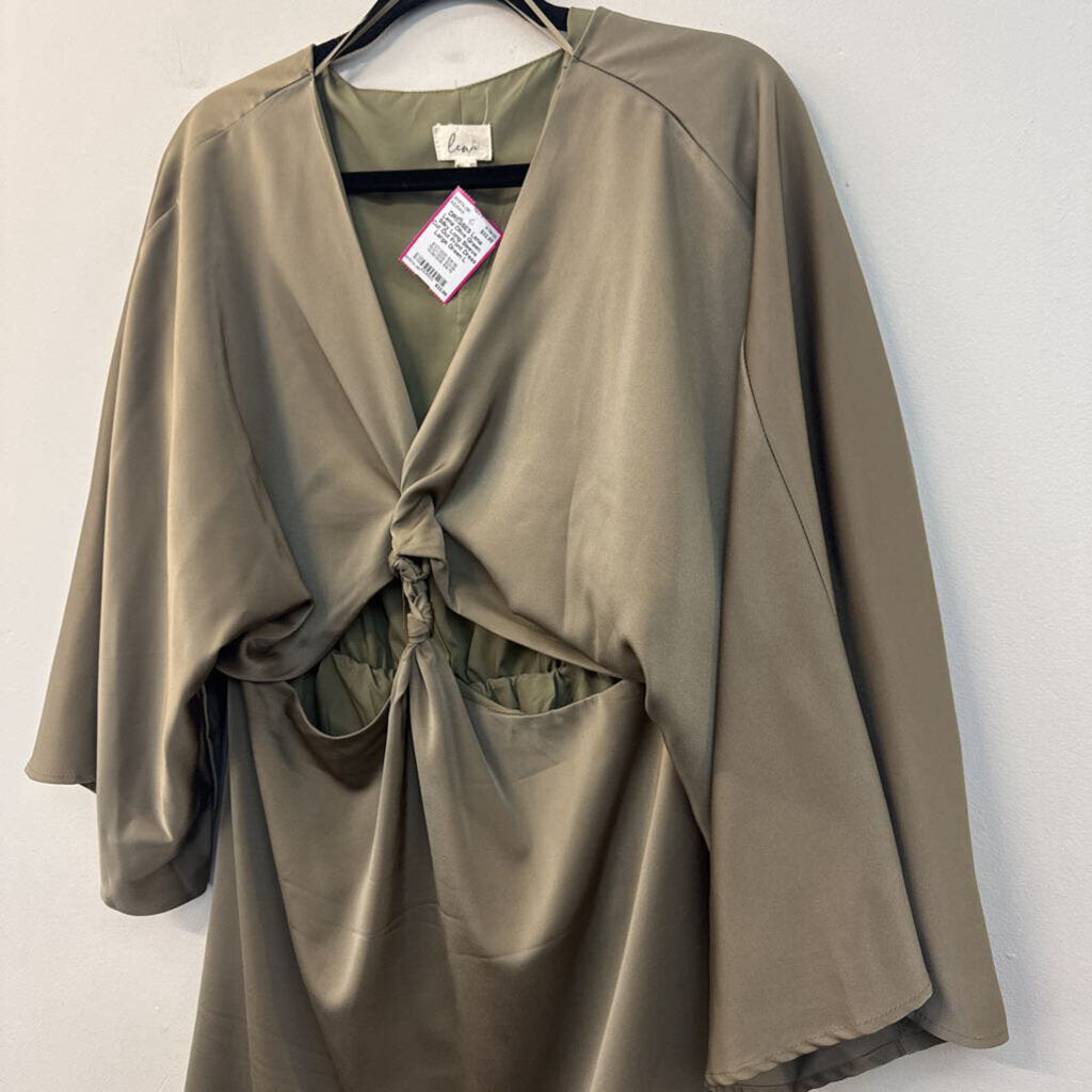 Lena Olive Green Silky Long Sleeve Cut Out Front Dress Large