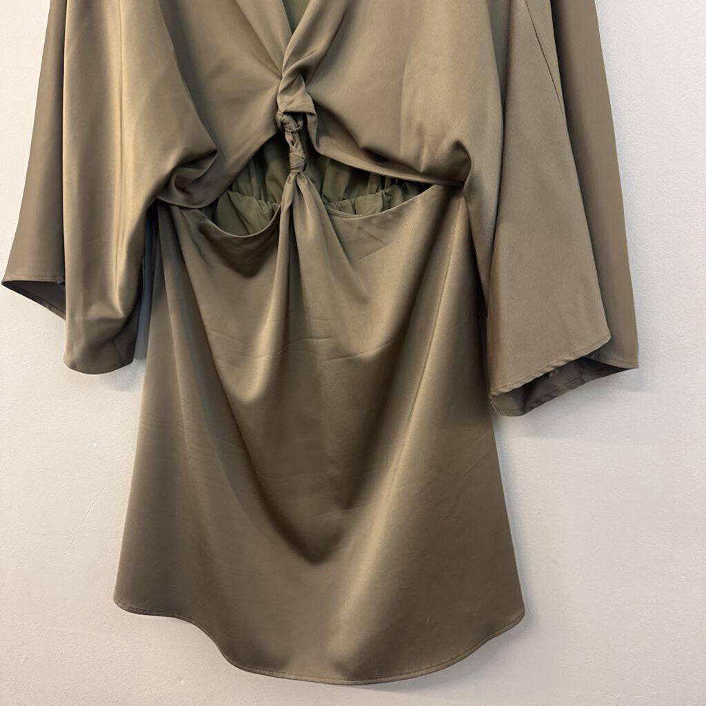 Lena Olive Green Silky Long Sleeve Cut Out Front Dress Large