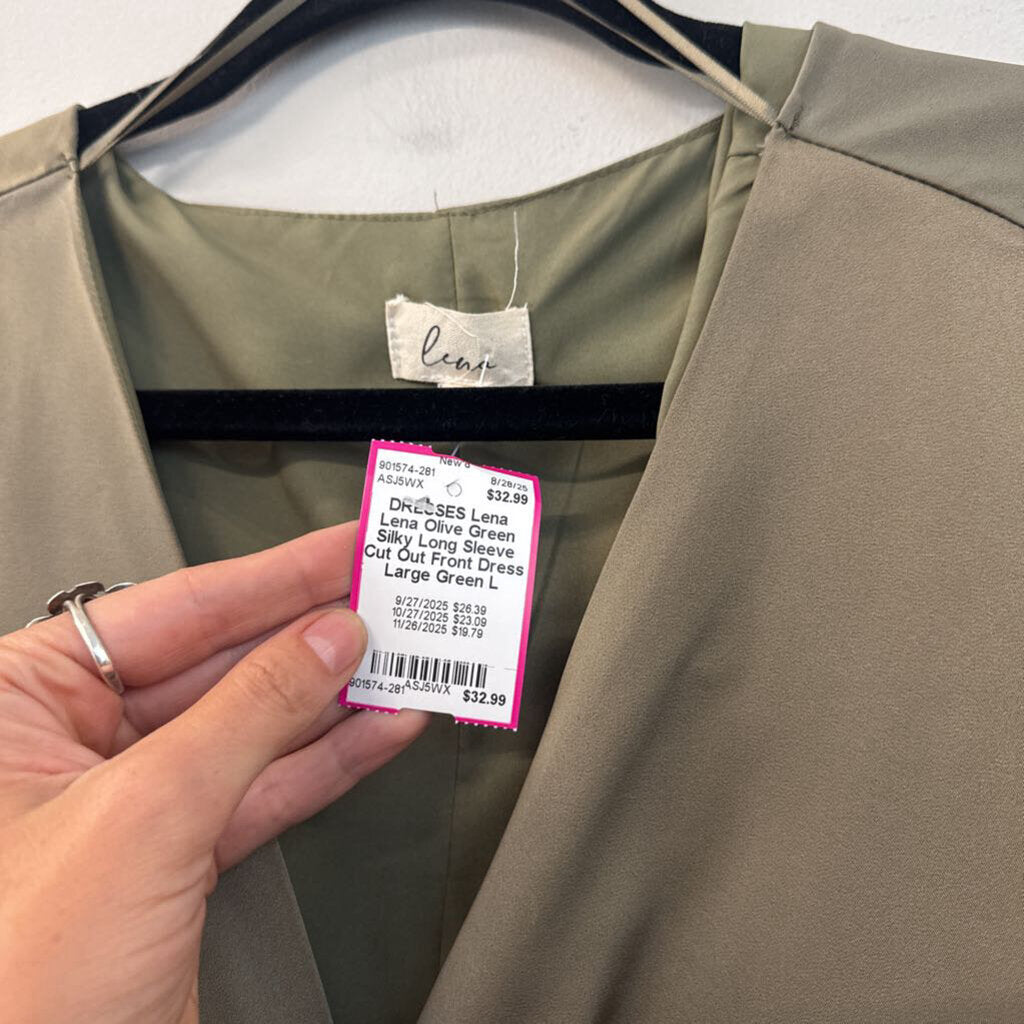 Lena Olive Green Silky Long Sleeve Cut Out Front Dress Large