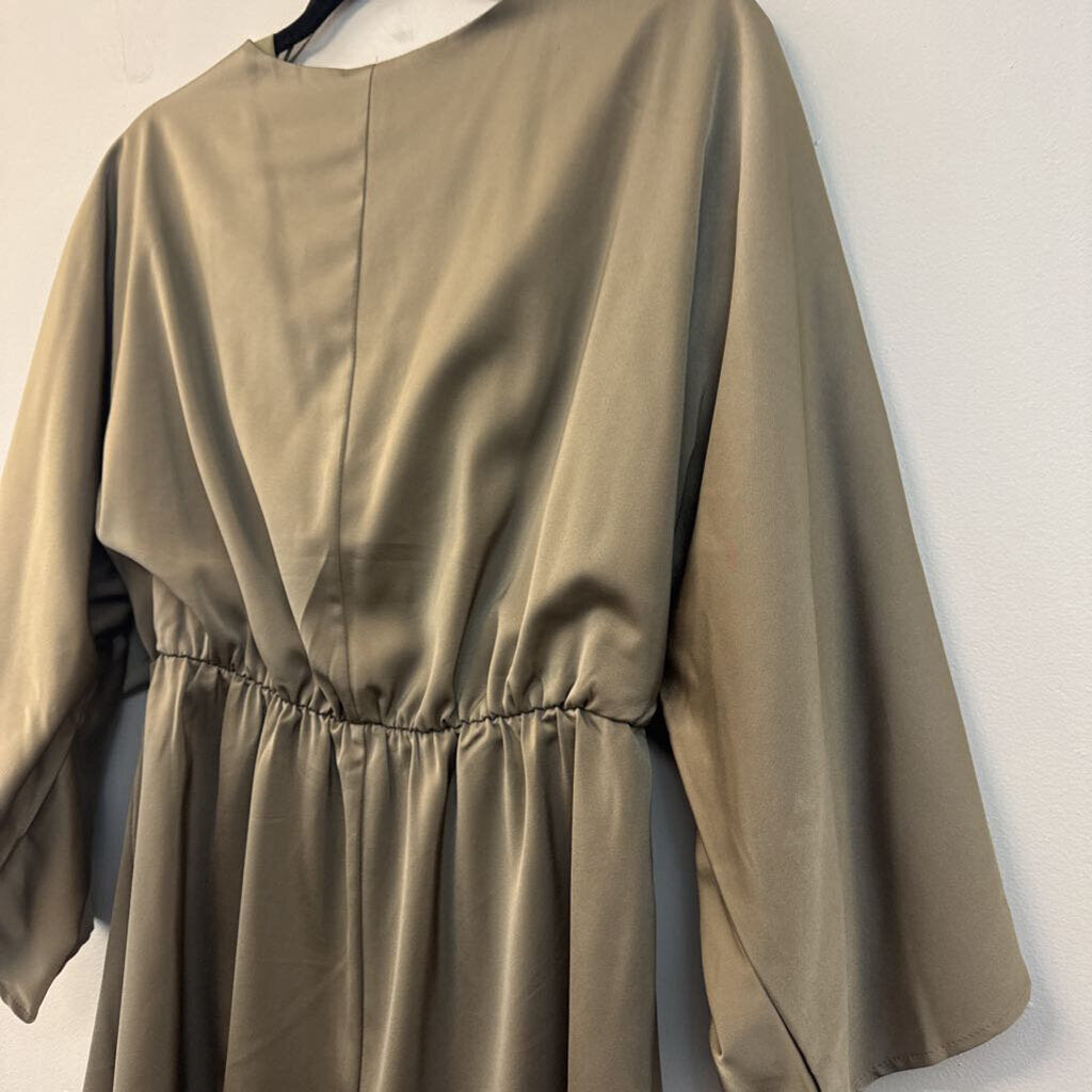 Lena Olive Green Silky Long Sleeve Cut Out Front Dress Large