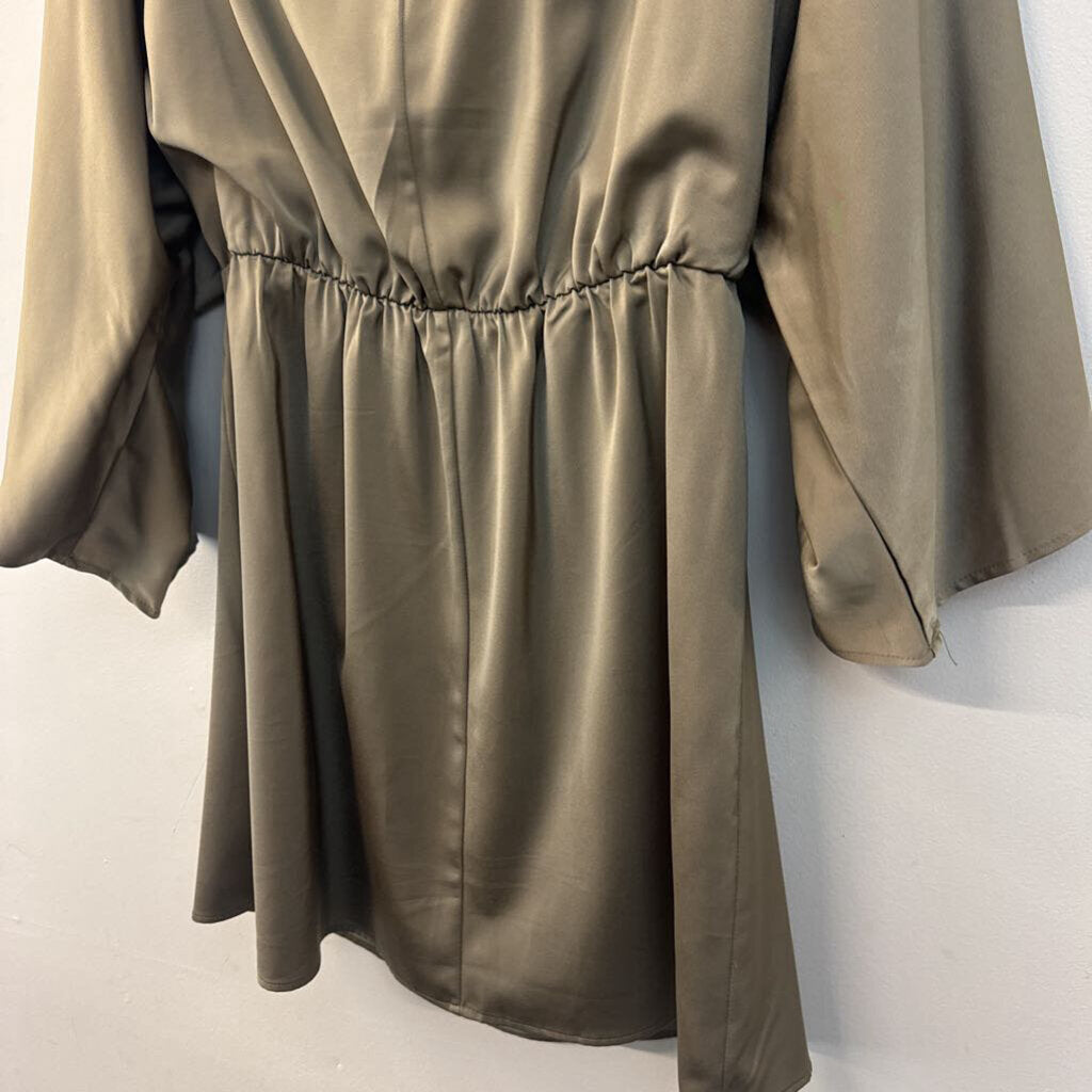 Lena Olive Green Silky Long Sleeve Cut Out Front Dress Large