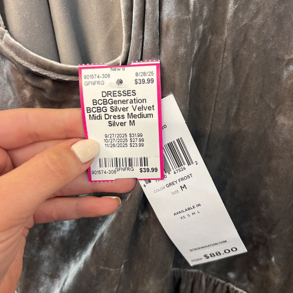BCBG Silver Velvet Midi Dress Medium