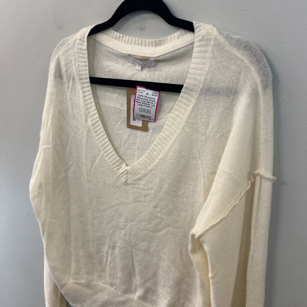 Olivaceous Cream Knit Long Sleeve V Neck Sweater Top Large