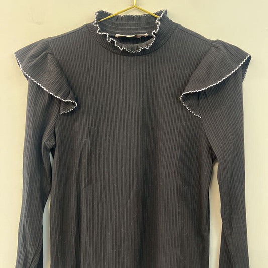Loft Black/ White Print Ruffle Shoulder Long Sleeve Mock Neck Top Large