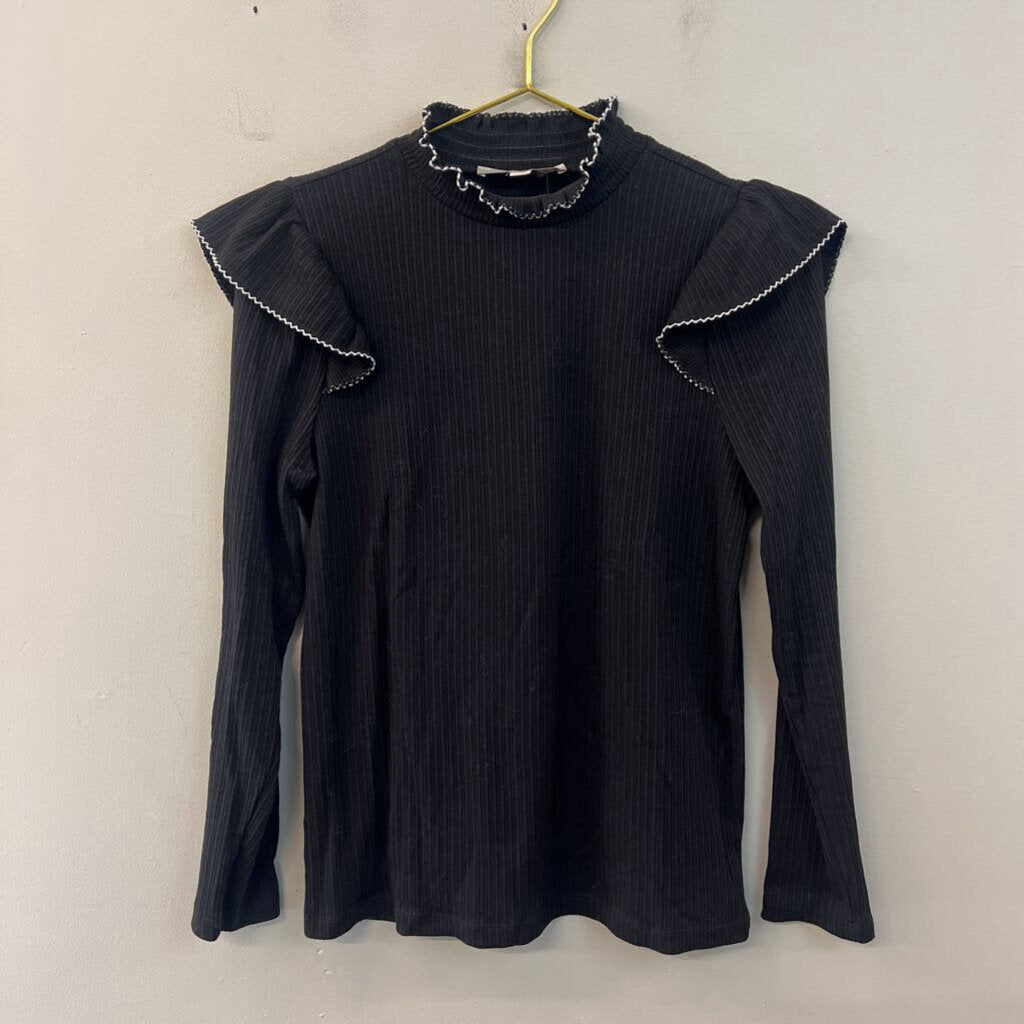 Loft Black/ White Print Ruffle Shoulder Long Sleeve Mock Neck Top Large