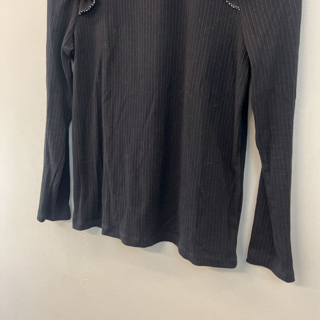 Loft Black/ White Print Ruffle Shoulder Long Sleeve Mock Neck Top Large