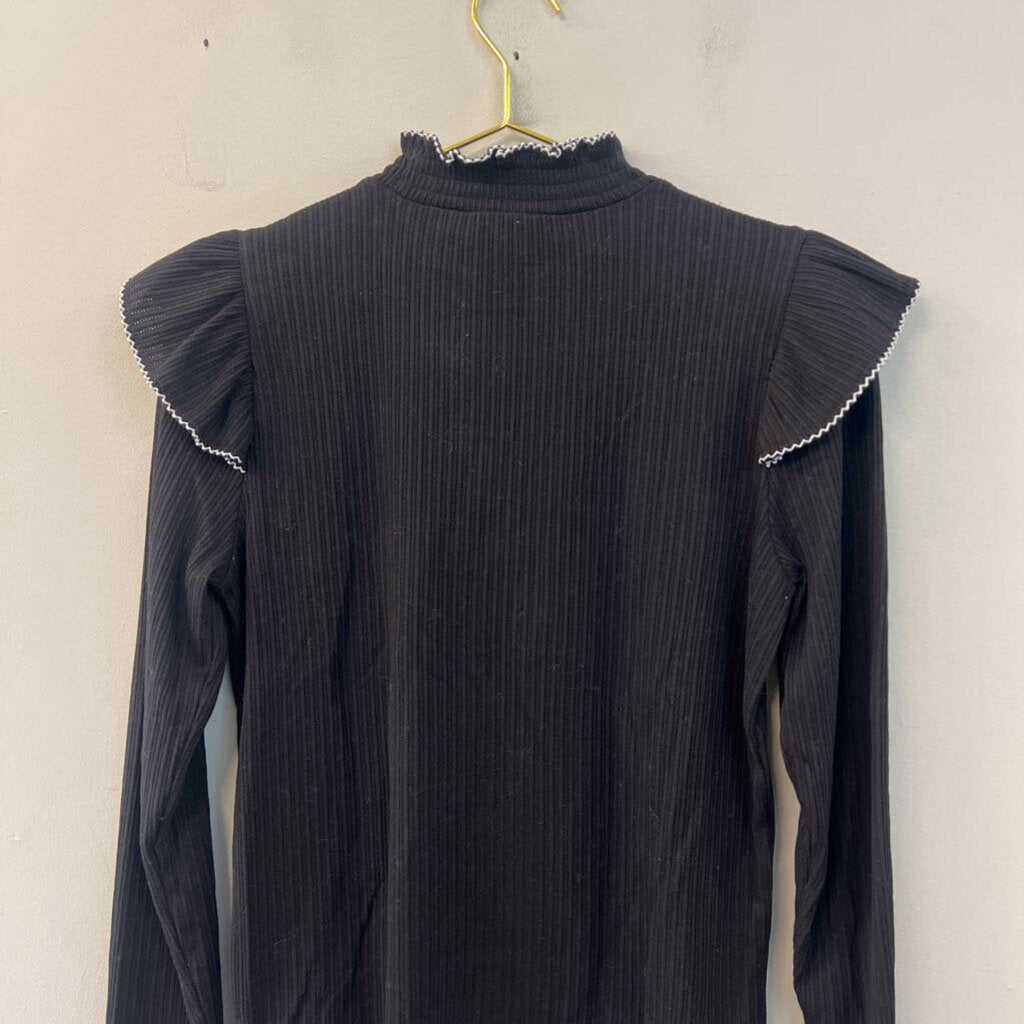 Loft Black/ White Print Ruffle Shoulder Long Sleeve Mock Neck Top Large