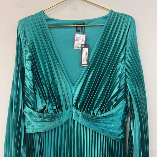 Boohoo Green Pleated Silky Long Sleeve Maxi Dress 10