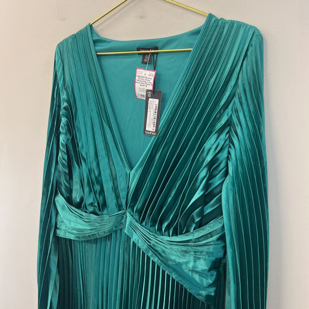 Boohoo Green Pleated Silky Long Sleeve Maxi Dress 10