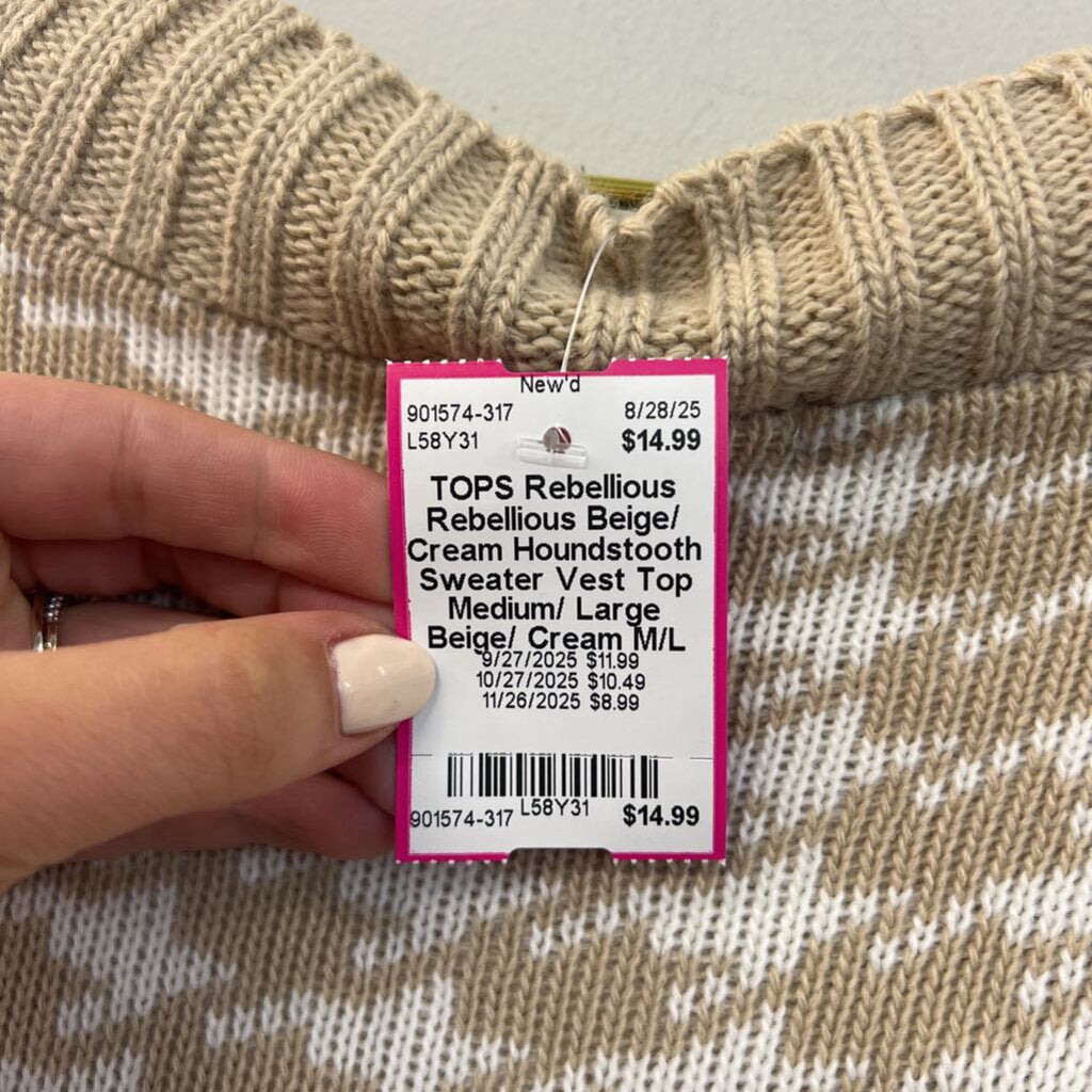 Rebellious Beige/ Cream Houndstooth Sweater Vest Top Medium/ Large