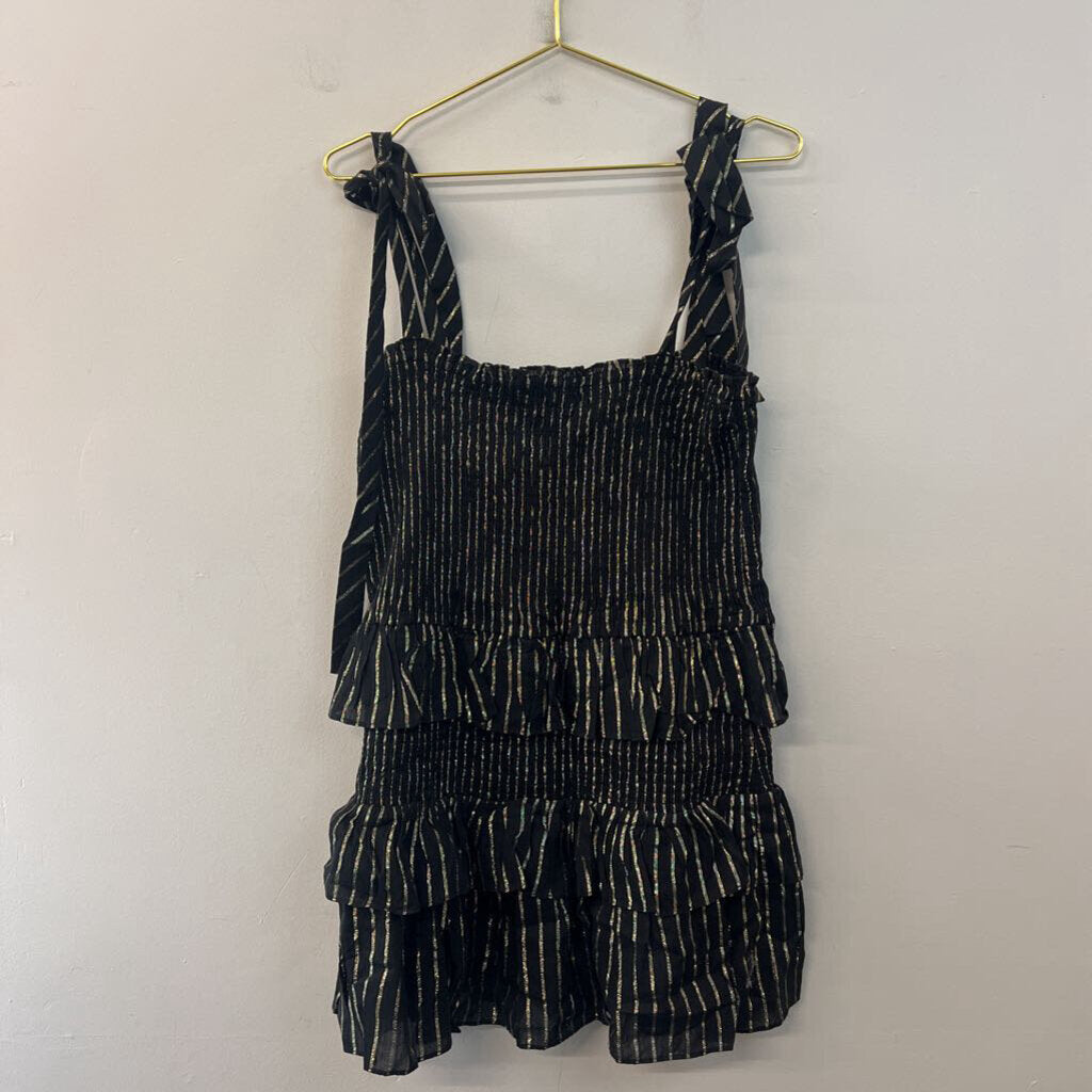 House of Harlow Black/ Gold Tiered Skirt Smocked Top Dress Large