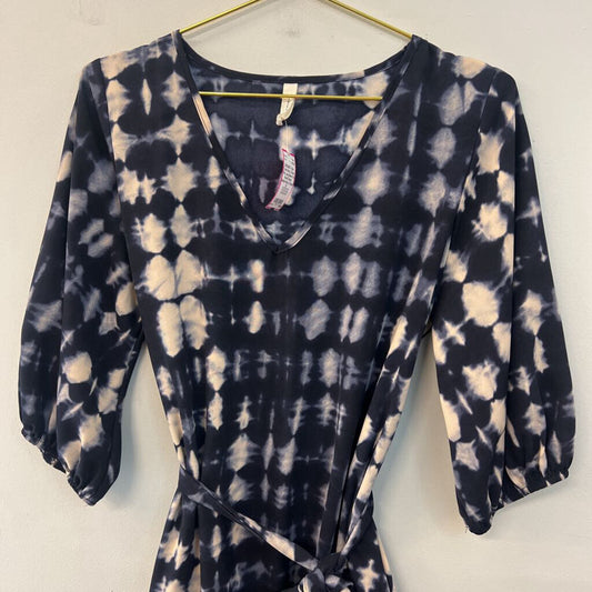 Tyche Navy/ Cream Print Long Sleeve Tie Waist Dress Medium