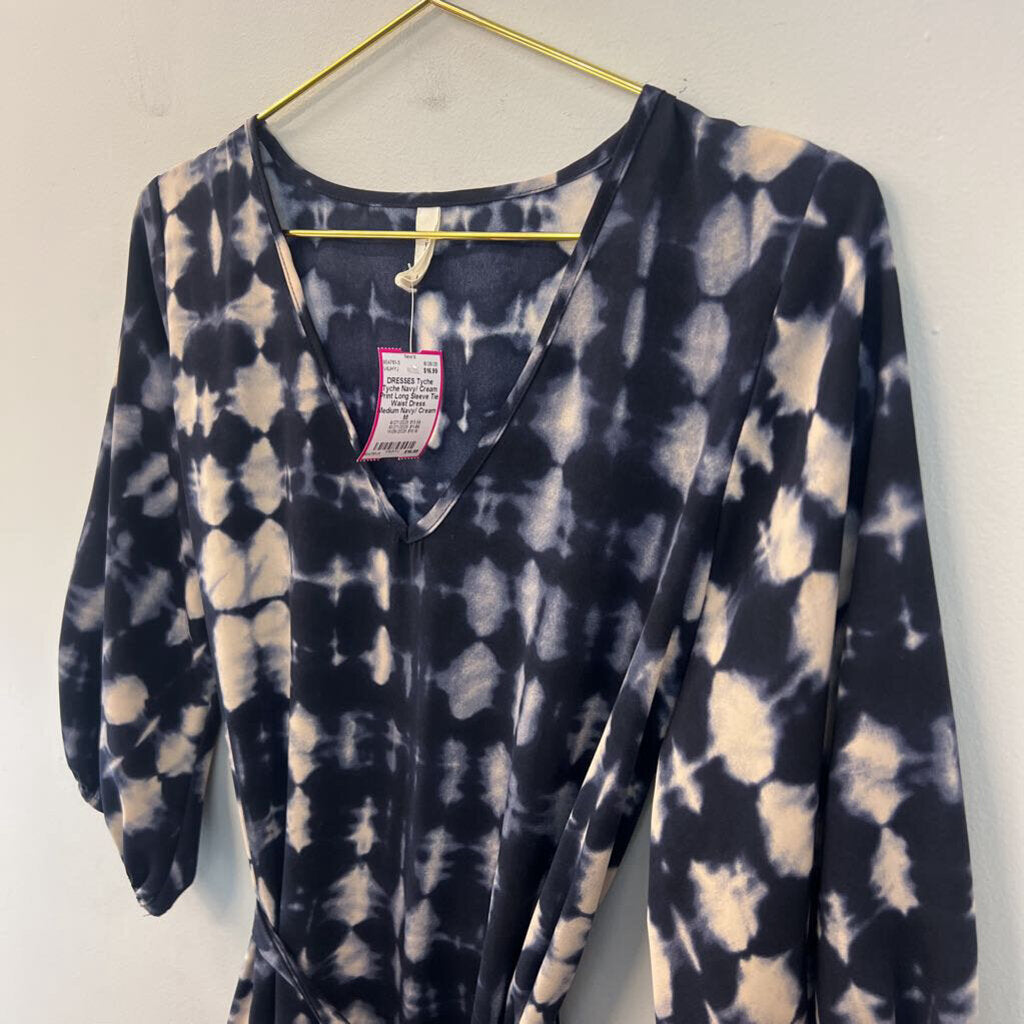 Tyche Navy/ Cream Print Long Sleeve Tie Waist Dress Medium