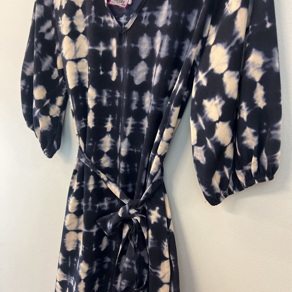 Tyche Navy/ Cream Print Long Sleeve Tie Waist Dress Medium