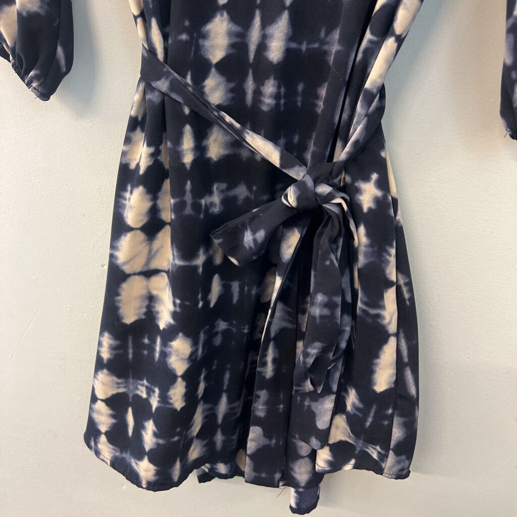 Tyche Navy/ Cream Print Long Sleeve Tie Waist Dress Medium