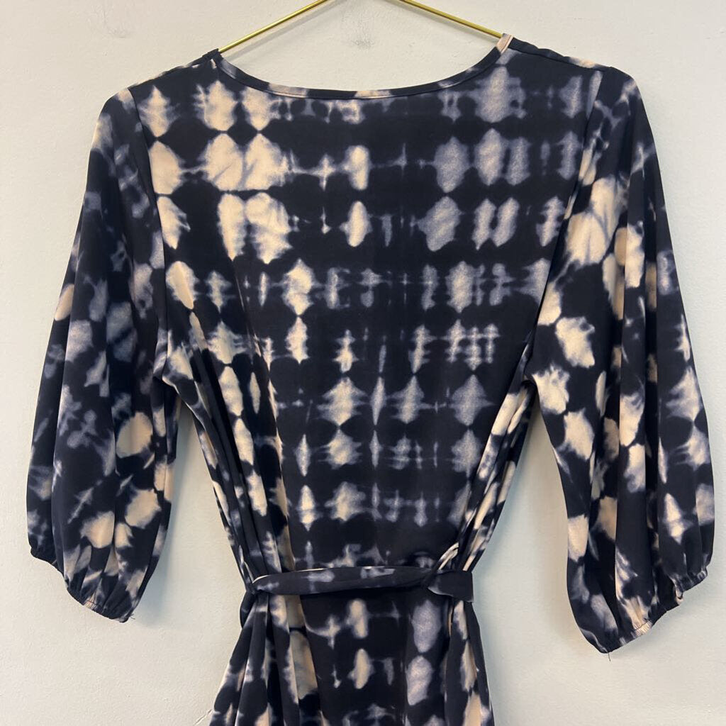 Tyche Navy/ Cream Print Long Sleeve Tie Waist Dress Medium