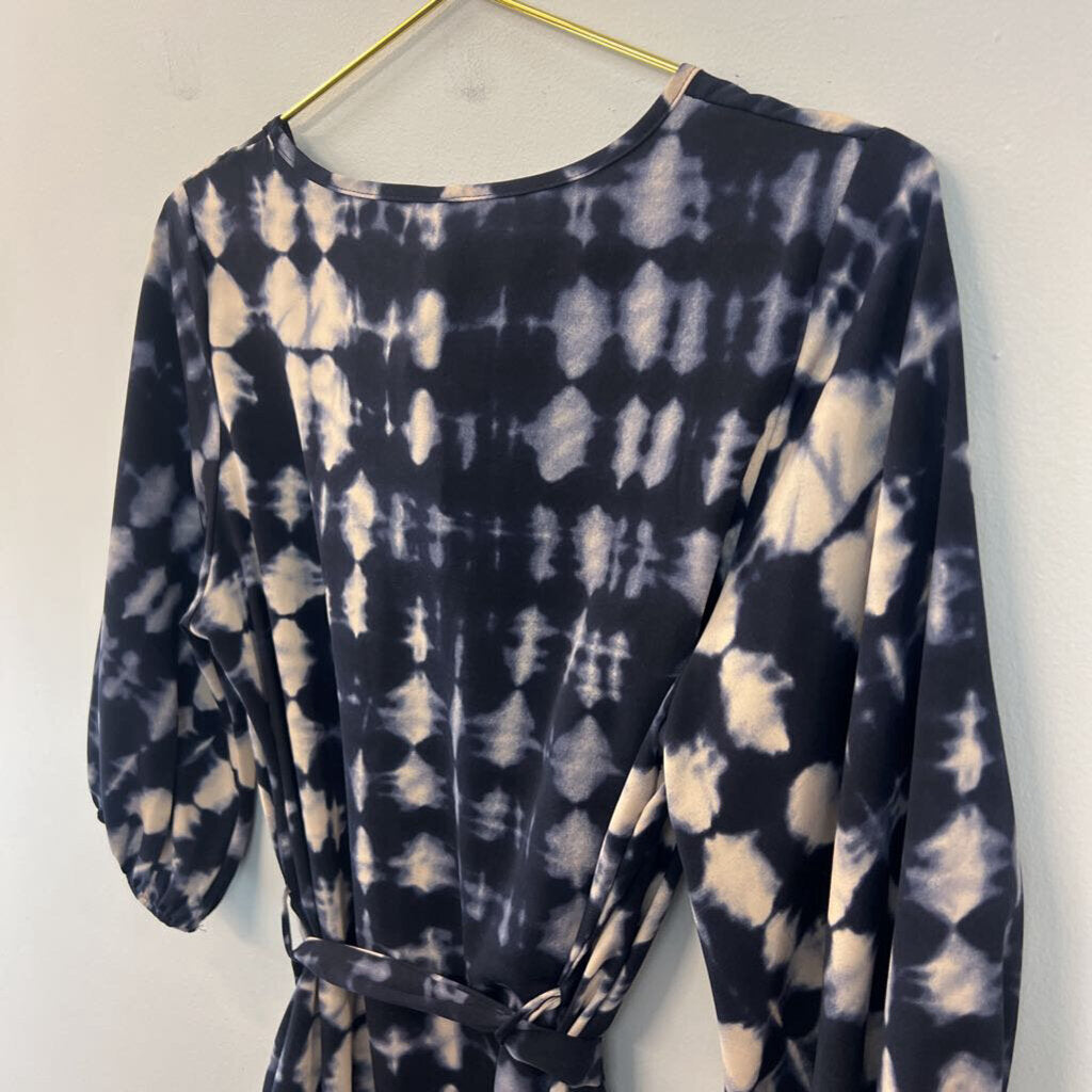 Tyche Navy/ Cream Print Long Sleeve Tie Waist Dress Medium